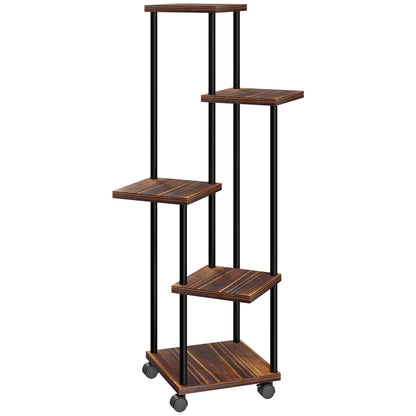 5-Tier Plant Stand with Wheels, Flower Stand for Indoor Outdoor, Plant Shelf made of Steel, Wood, multi-tier Flower Rack, 110cm tall Flower Ladder for Living Room, Garden Balcony Decor, Charcoal