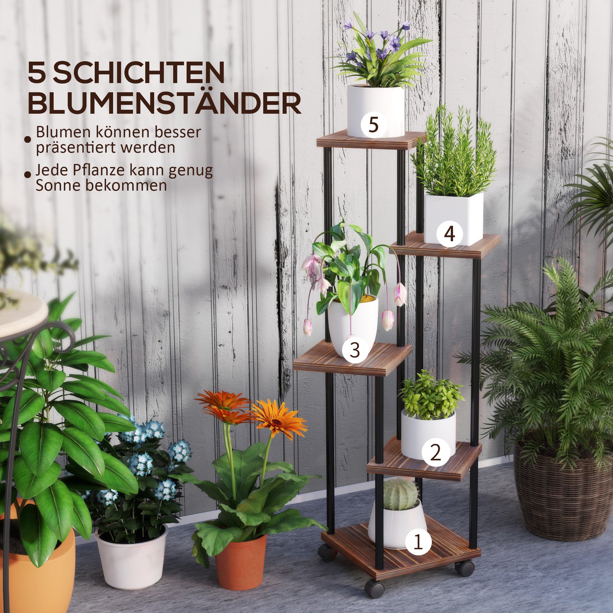 5-Tier Plant Stand with Wheels, Flower Stand for Indoor Outdoor, Plant Shelf made of Steel, Wood, multi-tier Flower Rack, 110cm tall Flower Ladder for Living Room, Garden Balcony Decor, Charcoal