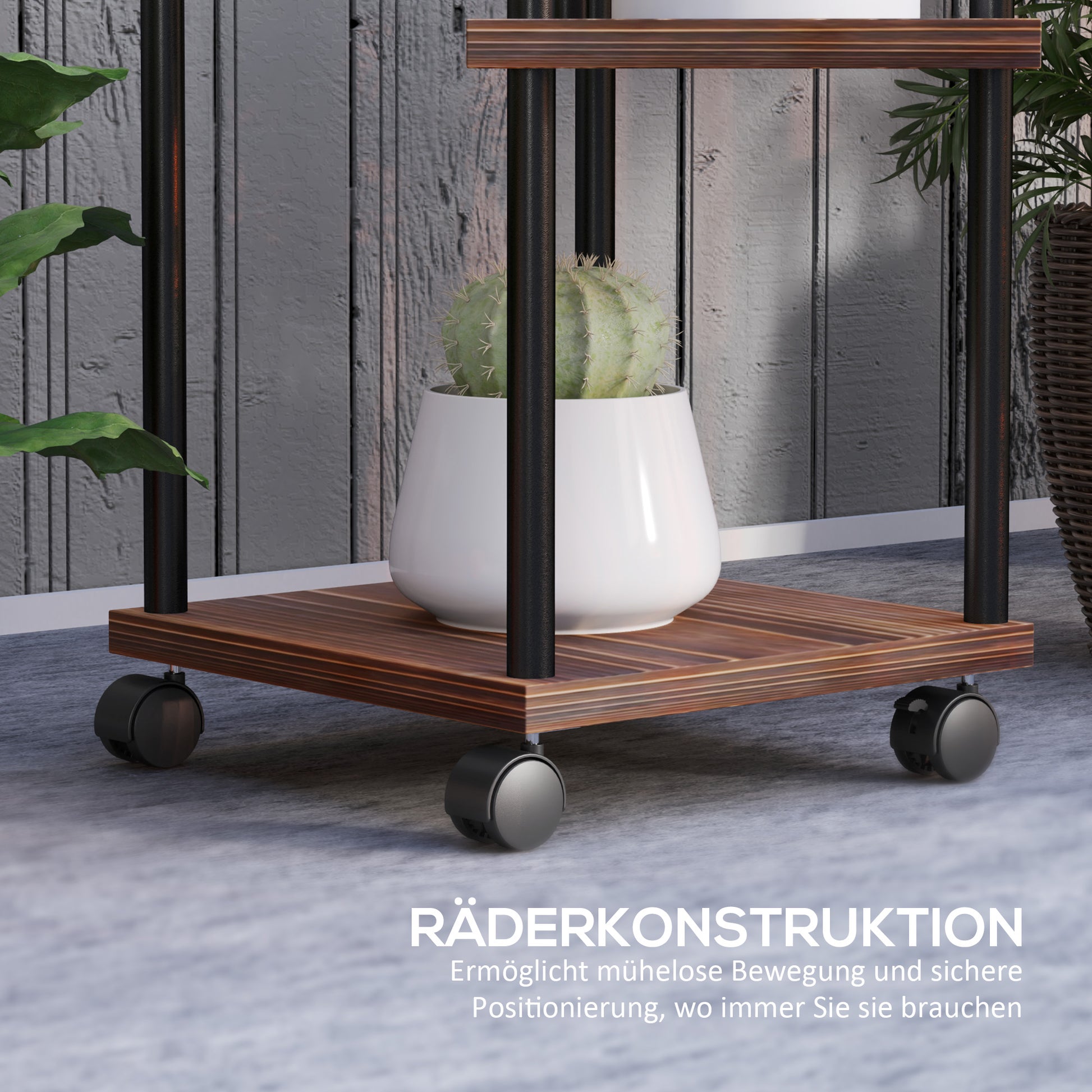 5-Tier Plant Stand with Wheels, Flower Stand for Indoor Outdoor, Plant Shelf made of Steel, Wood, multi-tier Flower Rack, 110cm tall Flower Ladder for Living Room, Garden Balcony Decor, Charcoal