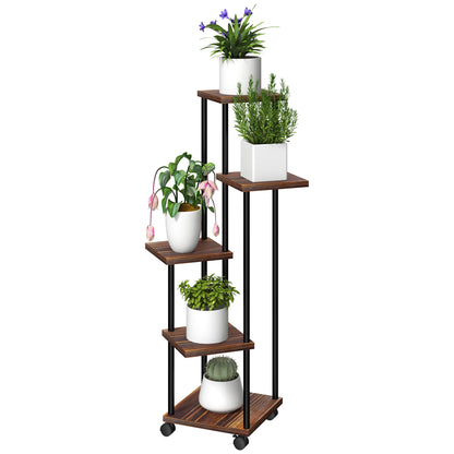 5-Tier Plant Stand with Wheels, Flower Stand for Indoor Outdoor, Plant Shelf made of Steel, Wood, multi-tier Flower Rack, 110cm tall Flower Ladder for Living Room, Garden Balcony Decor, Charcoal