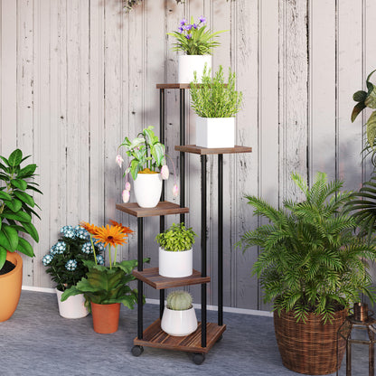 5-Tier Plant Stand with Wheels, Flower Stand for Indoor Outdoor, Plant Shelf made of Steel, Wood, multi-tier Flower Rack, 110cm tall Flower Ladder for Living Room, Garden Balcony Decor, Charcoal