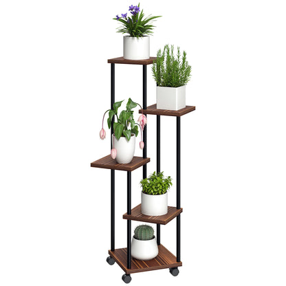 5-Tier Plant Stand with Wheels, Flower Stand for Indoor Outdoor, Plant Shelf made of Steel, Wood, multi-tier Flower Rack, 110cm tall Flower Ladder for Living Room, Garden Balcony Decor, Charcoal