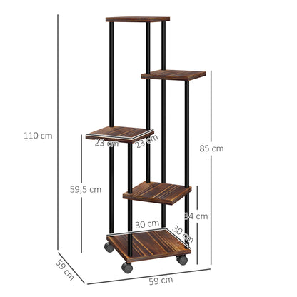 5-Tier Plant Stand with Wheels, Flower Stand for Indoor Outdoor, Plant Shelf made of Steel, Wood, multi-tier Flower Rack, 110cm tall Flower Ladder for Living Room, Garden Balcony Decor, Charcoal