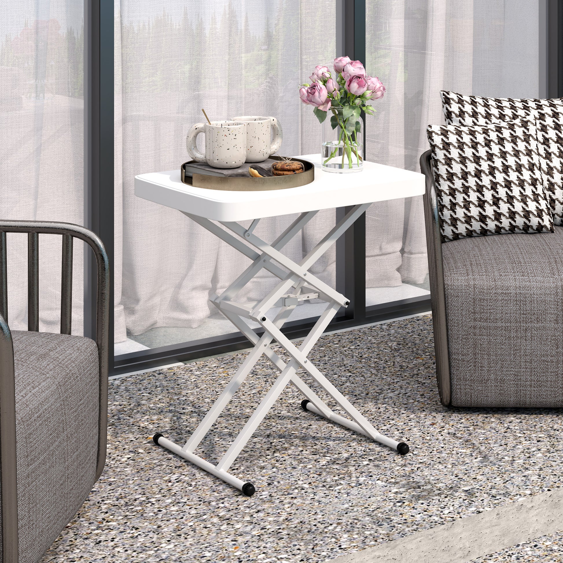 Height-Adjustable Folding Garden Side Table, Plastic Rectangular Patio Table 50kg Capacity, 65x45x70H cm Coffee Table for Outdoor Indoor Balcony Terrace White