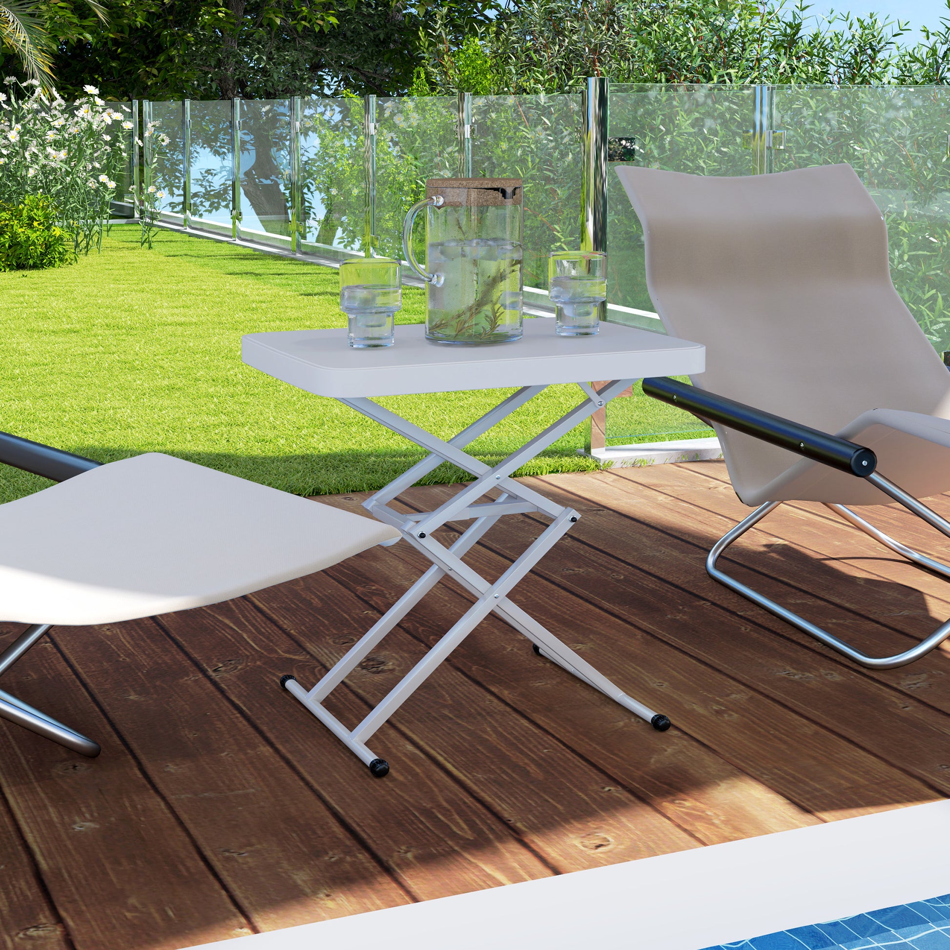 Height-Adjustable Folding Garden Side Table, Plastic Rectangular Patio Table 50kg Capacity, 65x45x70H cm Coffee Table for Outdoor Indoor Balcony Terrace White