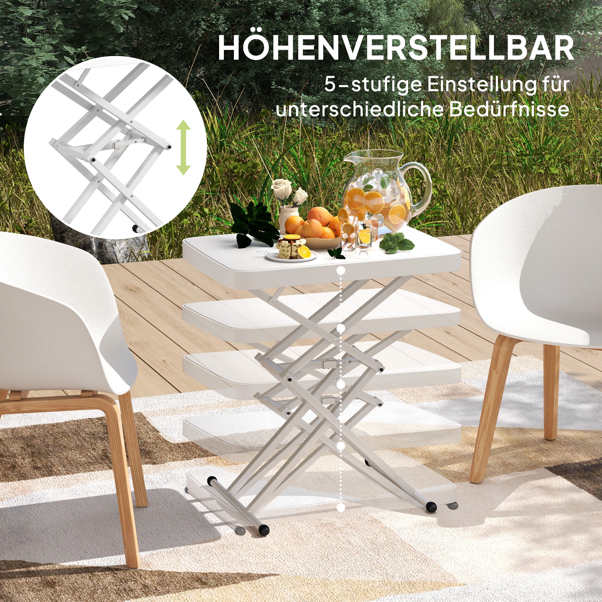 Height-Adjustable Folding Garden Side Table, Plastic Rectangular Patio Table 50kg Capacity, 65x45x70H cm Coffee Table for Outdoor Indoor Balcony Terrace White