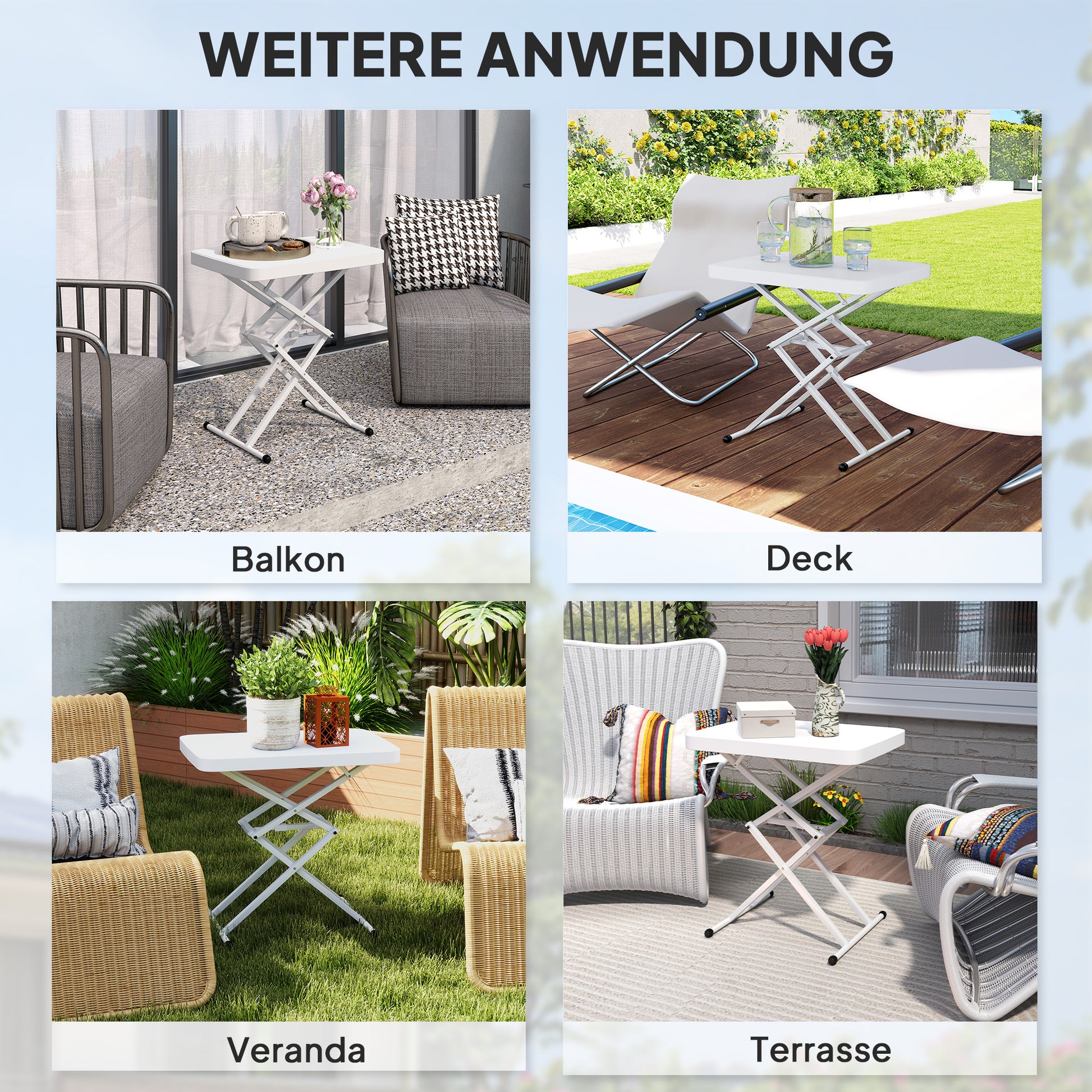 Height-Adjustable Folding Garden Side Table, Plastic Rectangular Patio Table 50kg Capacity, 65x45x70H cm Coffee Table for Outdoor Indoor Balcony Terrace White