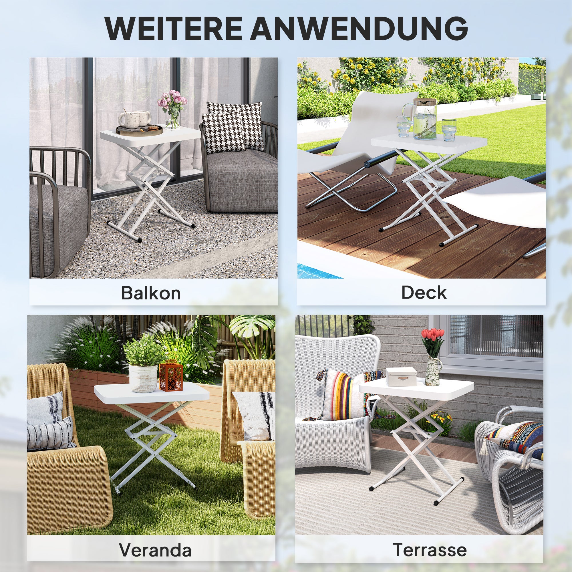 Height-Adjustable Folding Garden Side Table, Plastic Rectangular Patio Table 50kg Capacity, 65x45x70H cm Coffee Table for Outdoor Indoor Balcony Terrace White