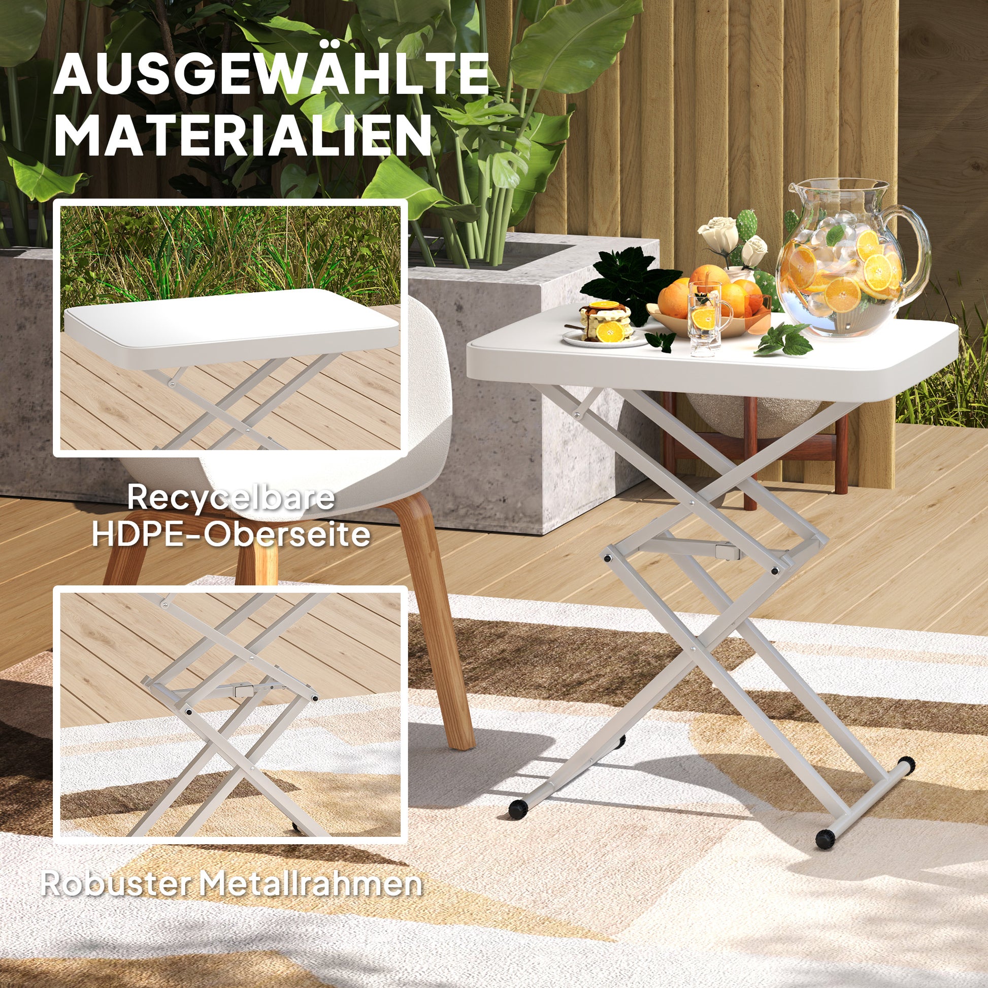 Height-Adjustable Folding Garden Side Table, Plastic Rectangular Patio Table 50kg Capacity, 65x45x70H cm Coffee Table for Outdoor Indoor Balcony Terrace White