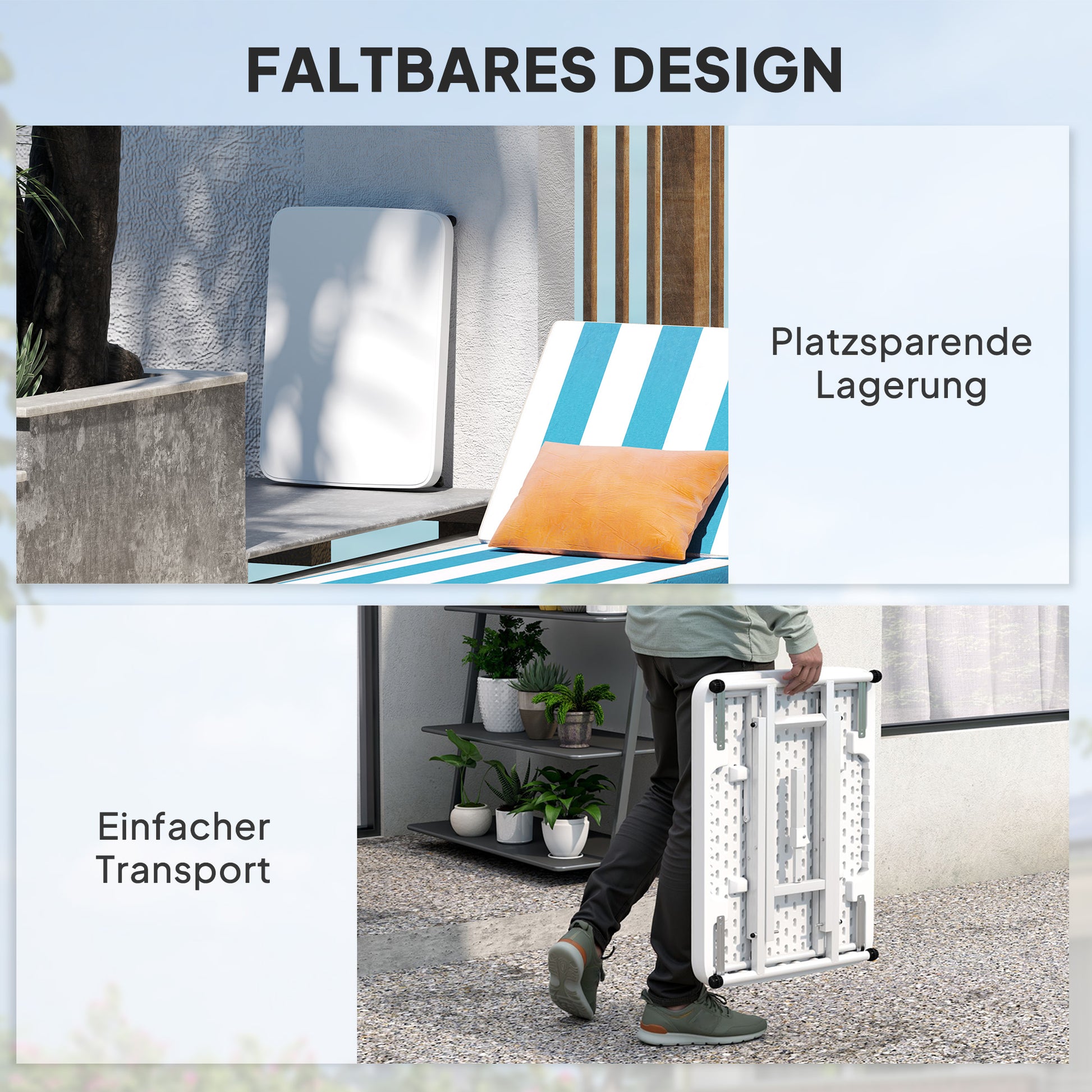 Height-Adjustable Folding Garden Side Table, Plastic Rectangular Patio Table 50kg Capacity, 65x45x70H cm Coffee Table for Outdoor Indoor Balcony Terrace White