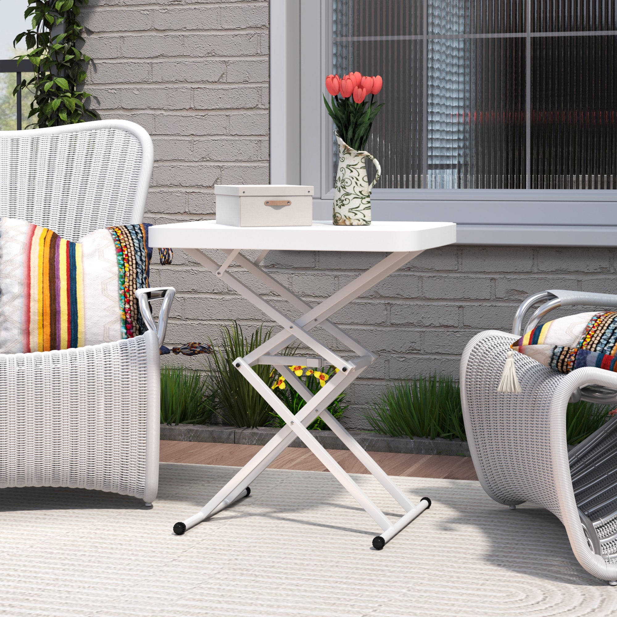 Height-Adjustable Folding Garden Side Table, Plastic Rectangular Patio Table 50kg Capacity, 65x45x70H cm Coffee Table for Outdoor Indoor Balcony Terrace White