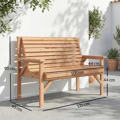 2-Seater Wooden Garden Bench — Slatted Bench with Armrests & Backrest, Fir Wood Frame for Garden, Balcony & Patio