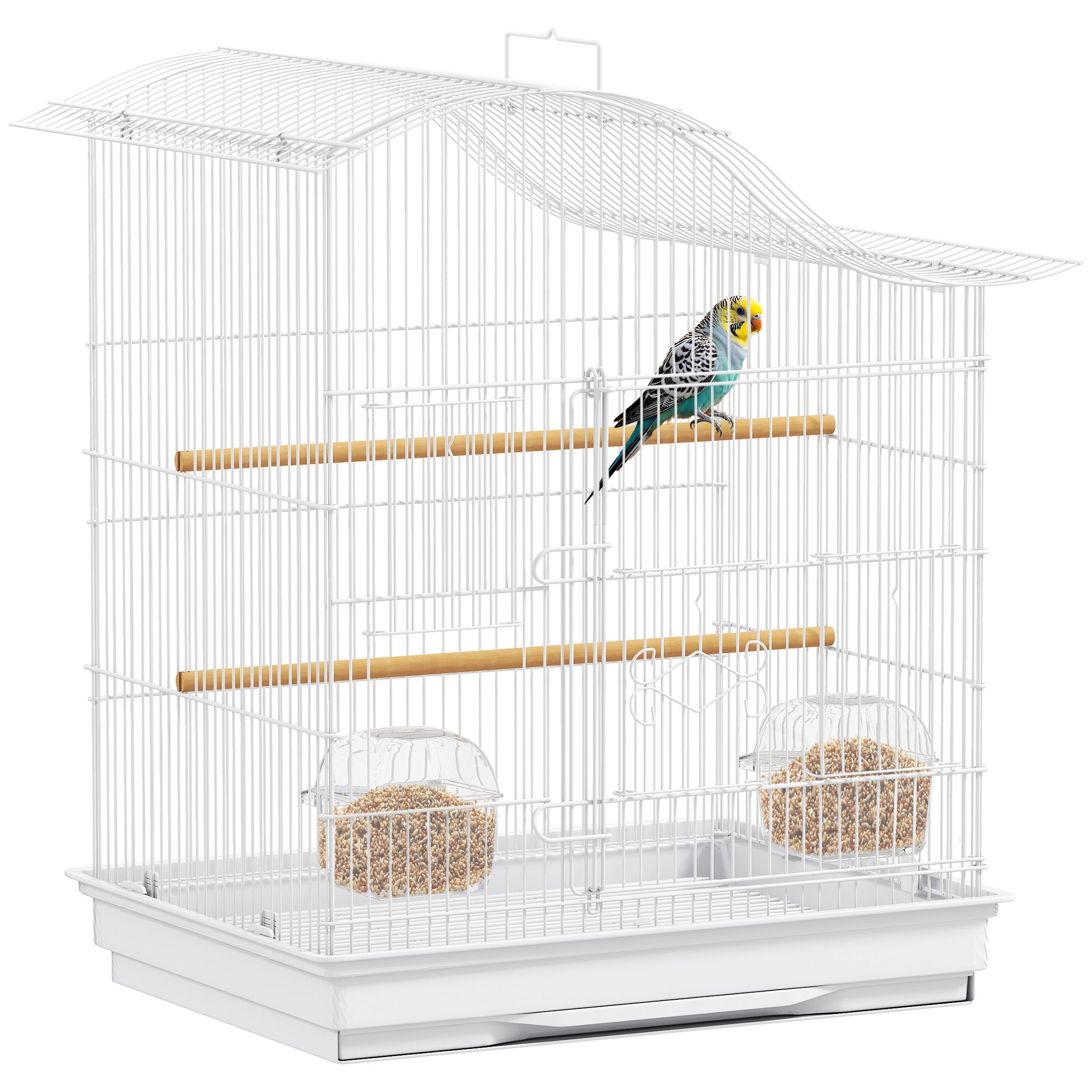 Bird Cage Aviary with 4 Doors, 2 Perches, Sliding Tray for Lovebirds, Parakeets & Finches — 18.7 x 14.2 x 21.5 in (47.5 x 36 x 54.5 cm), White