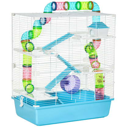 Small Pet Cage Small Animal Cage with Ramp and Wheel 5 Levels Cage Rodent Cage Small Pets Feeding Bowl Water Bottle Steel Wire Plastic PS Light Blue+White 59 x 36 x 69 cm
