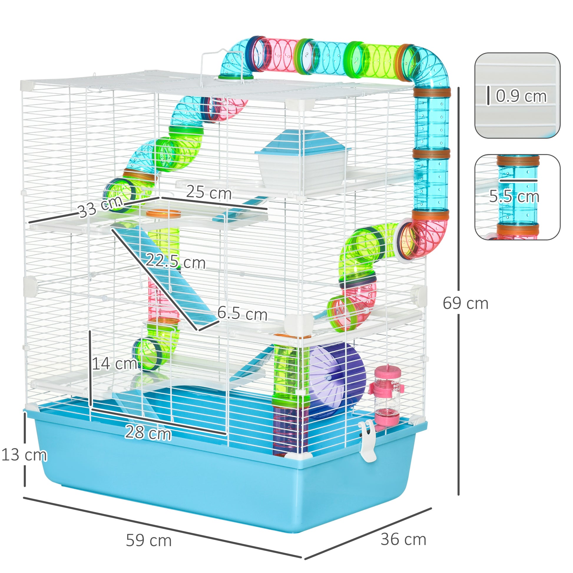 Small Pet Cage Small Animal Cage with Ramp and Wheel 5 Levels Cage Rodent Cage Small Pets Feeding Bowl Water Bottle Steel Wire Plastic PS Light Blue+White 59 x 36 x 69 cm