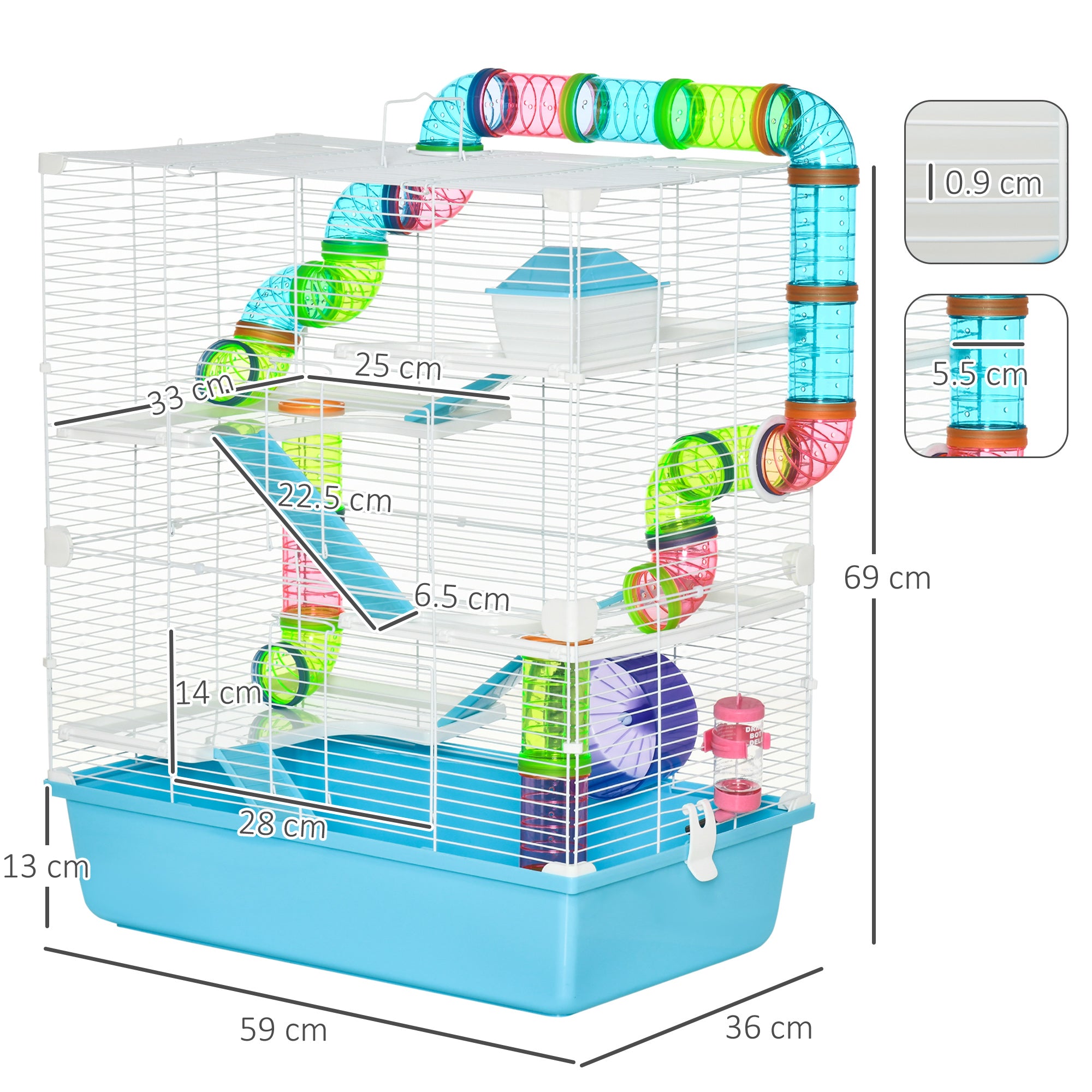 Small Pet Cage Small Animal Cage with Ramp and Wheel 5 Levels Cage Rodent Cage Small Pets Feeding Bowl Water Bottle Steel Wire Plastic PS Light Blue+White 59 x 36 x 69 cm