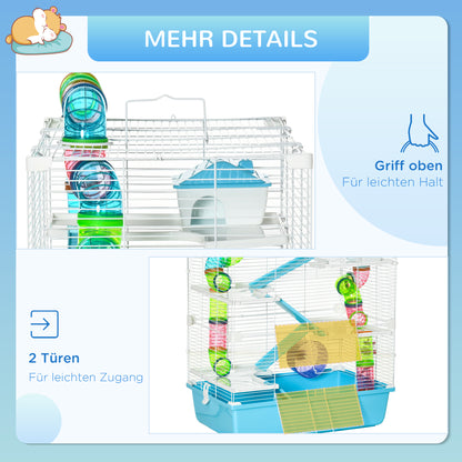 Small Pet Cage Small Animal Cage with Ramp and Wheel 5 Levels Cage Rodent Cage Small Pets Feeding Bowl Water Bottle Steel Wire Plastic PS Light Blue+White 59 x 36 x 69 cm