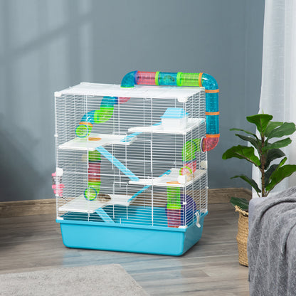 Small Pet Cage Small Animal Cage with Ramp and Wheel 5 Levels Cage Rodent Cage Small Pets Feeding Bowl Water Bottle Steel Wire Plastic PS Light Blue+White 59 x 36 x 69 cm