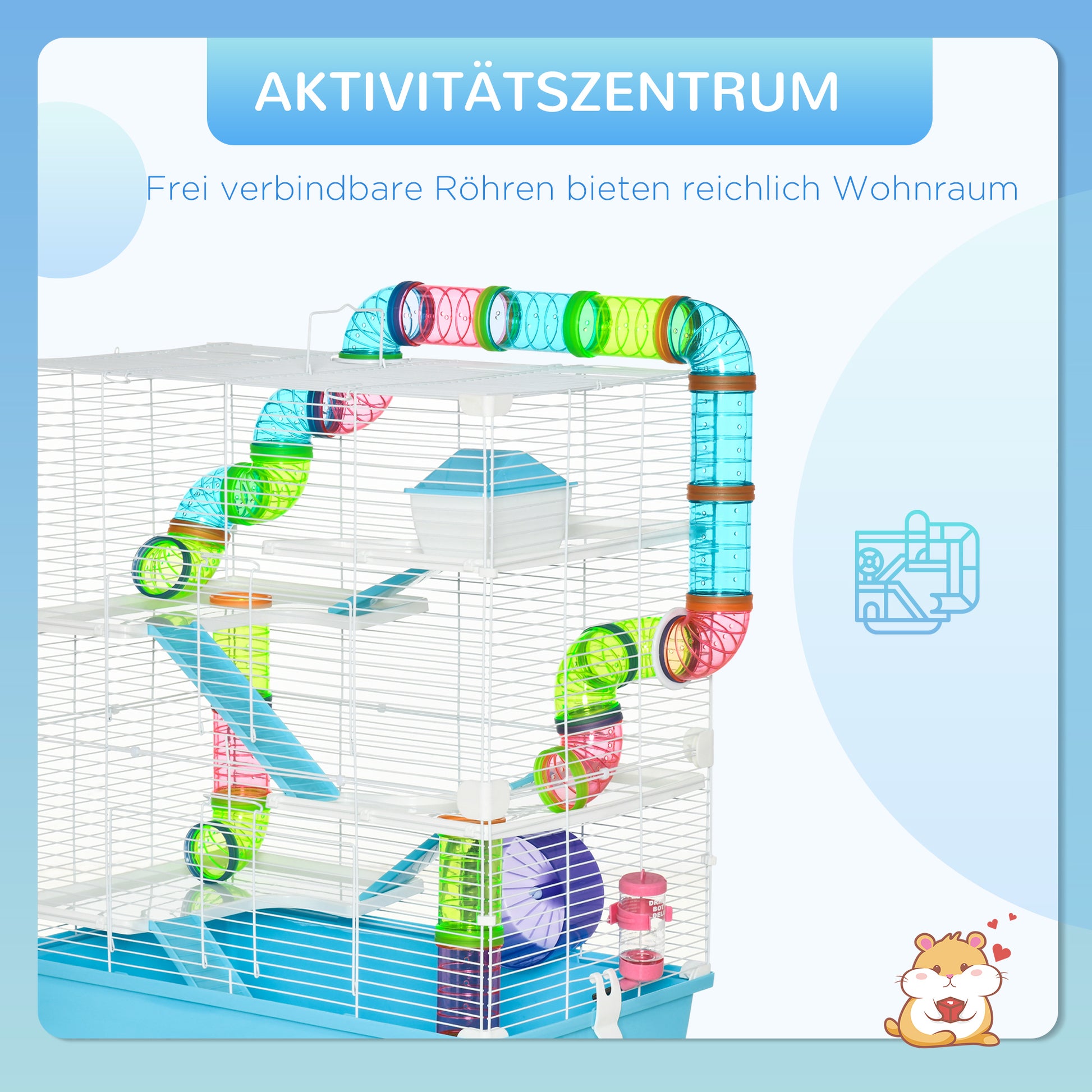 Small Pet Cage Small Animal Cage with Ramp and Wheel 5 Levels Cage Rodent Cage Small Pets Feeding Bowl Water Bottle Steel Wire Plastic PS Light Blue+White 59 x 36 x 69 cm