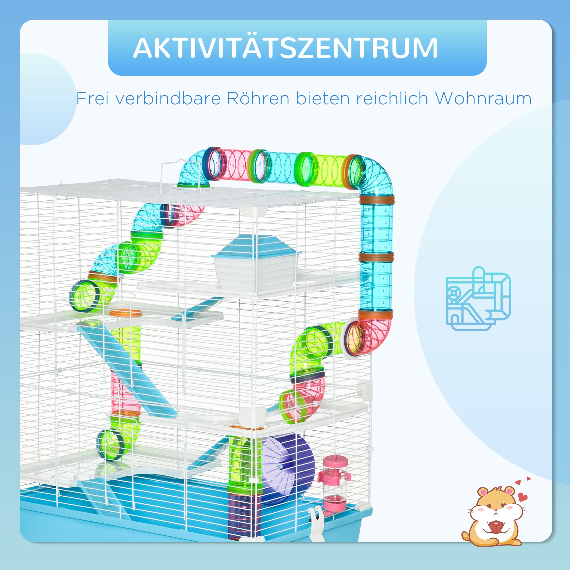 Small Pet Cage Small Animal Cage with Ramp and Wheel 5 Levels Cage Rodent Cage Small Pets Feeding Bowl Water Bottle Steel Wire Plastic PS Light Blue+White 59 x 36 x 69 cm