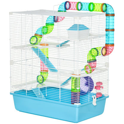 Small Pet Cage Small Animal Cage with Ramp and Wheel 5 Levels Cage Rodent Cage Small Pets Feeding Bowl Water Bottle Steel Wire Plastic PS Light Blue+White 59 x 36 x 69 cm
