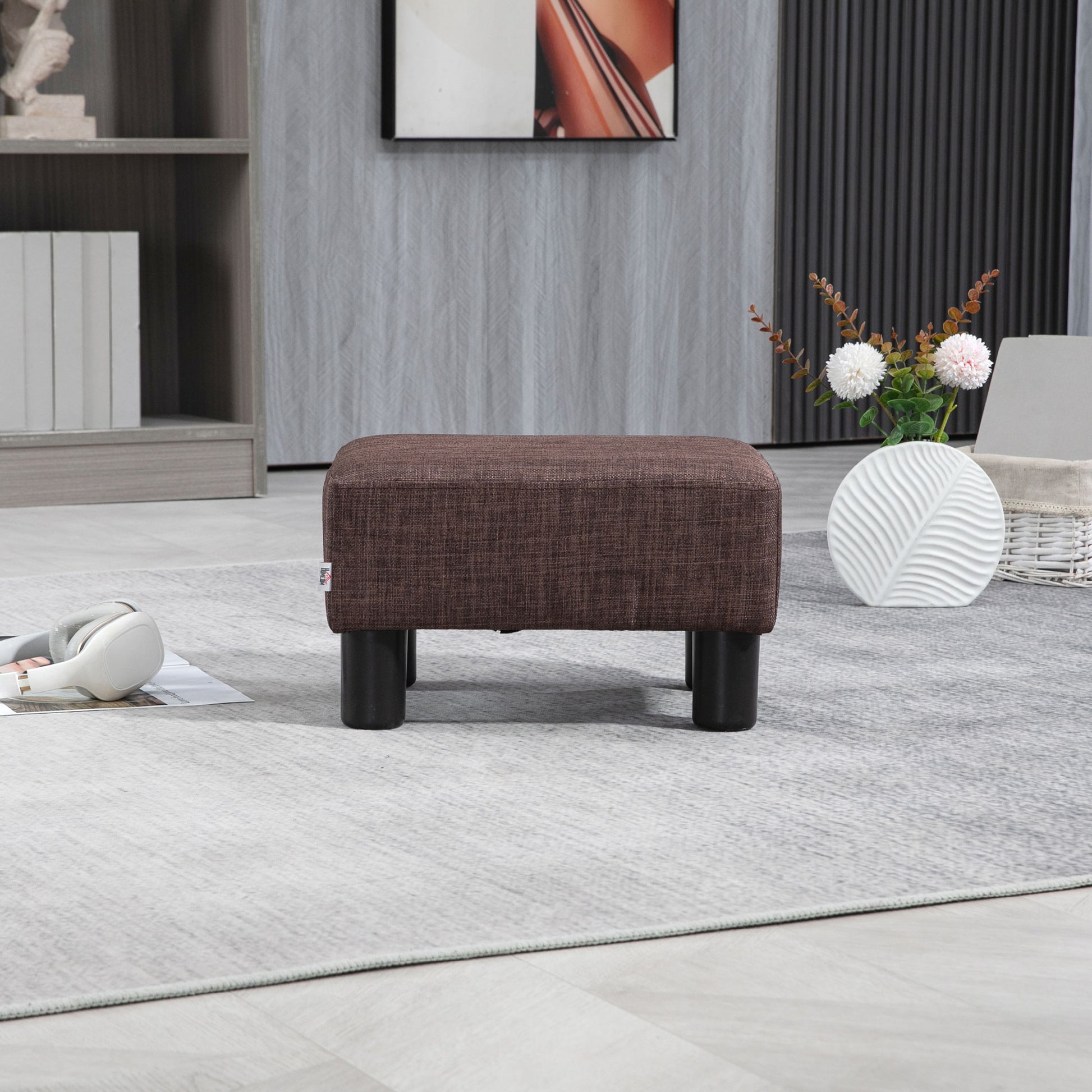 Footstool Ottoman with Linen Upholstery Modern Footrest Pouf for Bedroom, Living Room, Brown