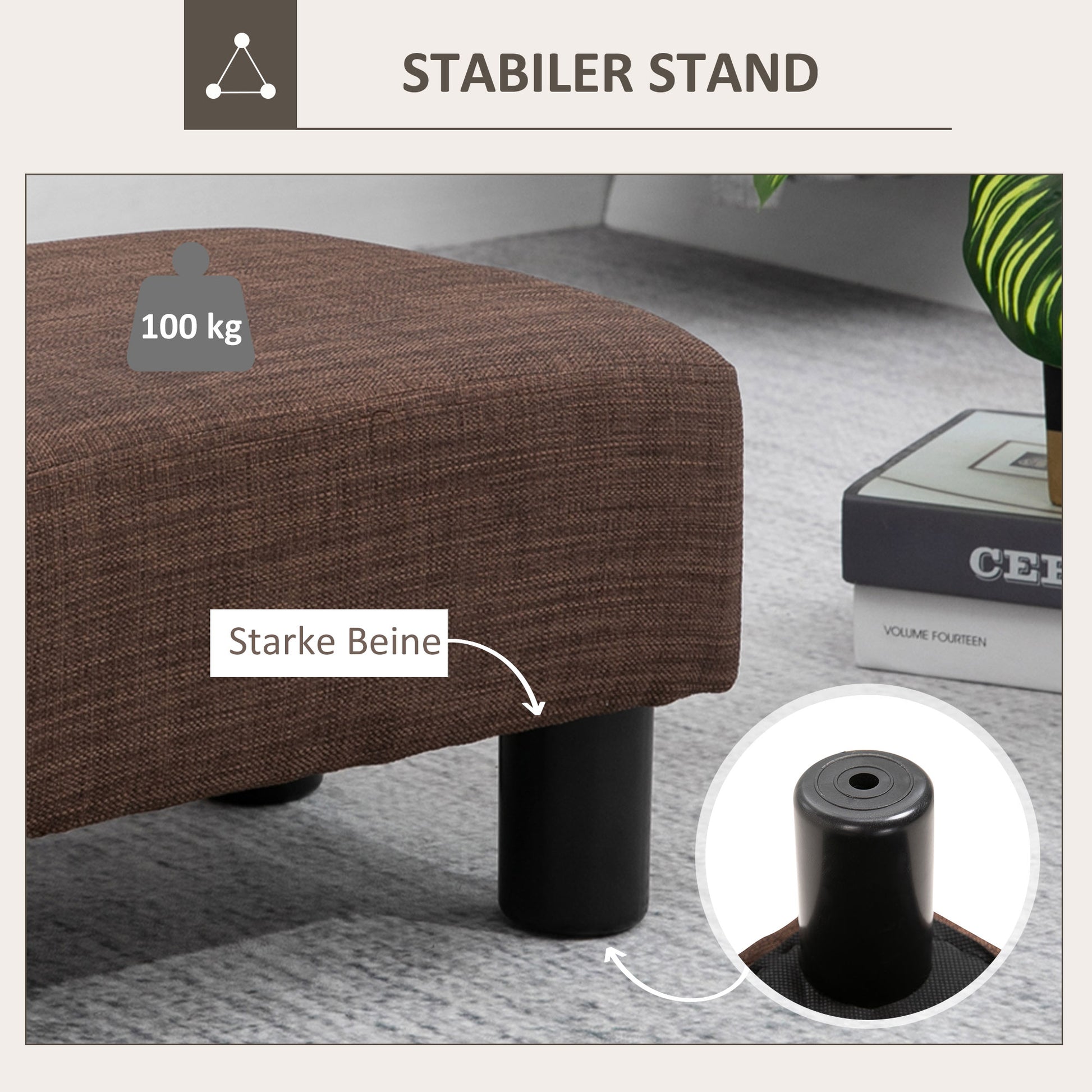 Footstool Ottoman with Linen Upholstery Modern Footrest Pouf for Bedroom, Living Room, Brown