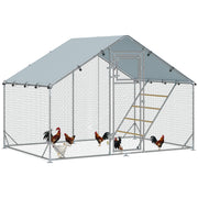 Chicken Coop Run Enclosure made of Steel, 3 x 2 x 1.95 m Chicken Cage with UV-Resistant Cover, Feeder Door, Hanging Feeder, Perch, Chicken Run for 6-8 Chickens, Small Animals, Silver