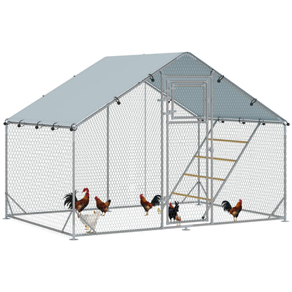 Chicken Coop Run Enclosure made of Steel, 3 x 2 x 1.95 m Chicken Cage with UV-Resistant Cover, Feeder Door, Hanging Feeder, Perch, Chicken Run for 6-8 Chickens, Small Animals, Silver