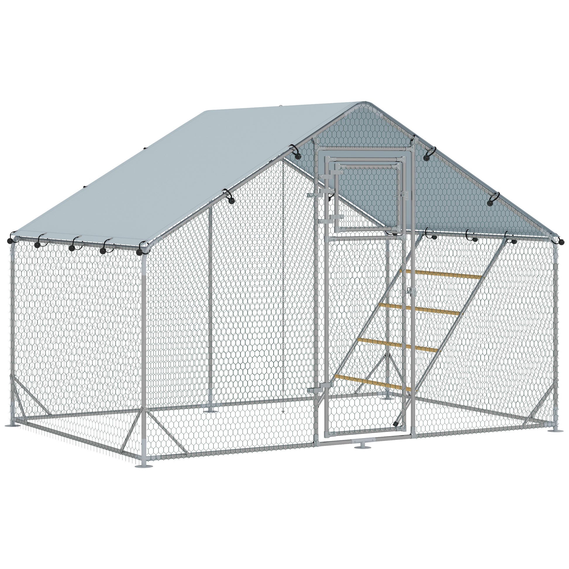Chicken Coop Run Enclosure made of Steel, 3 x 2 x 1.95 m Chicken Cage with UV-Resistant Cover, Feeder Door, Hanging Feeder, Perch, Chicken Run for 6-8 Chickens, Small Animals, Silver