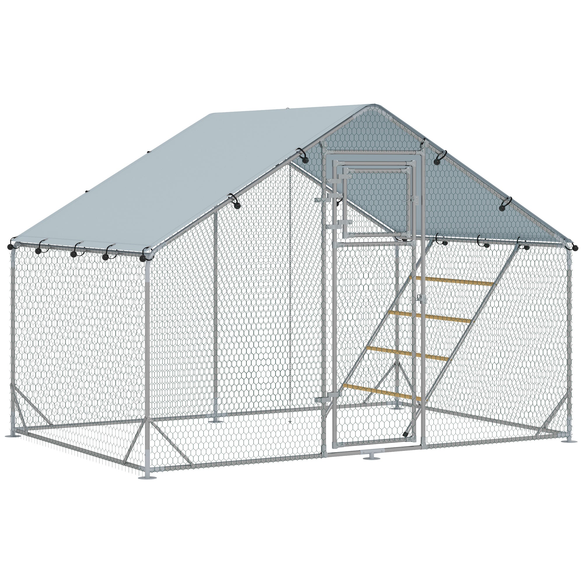 Chicken Coop Run Enclosure made of Steel, 3 x 2 x 1.95 m Chicken Cage with UV-Resistant Cover, Feeder Door, Hanging Feeder, Perch, Chicken Run for 6-8 Chickens, Small Animals, Silver