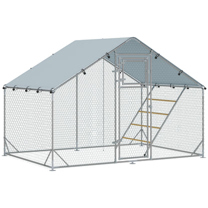 Chicken Coop Run Enclosure made of Steel, 3 x 2 x 1.95 m Chicken Cage with UV-Resistant Cover, Feeder Door, Hanging Feeder, Perch, Chicken Run for 6-8 Chickens, Small Animals, Silver