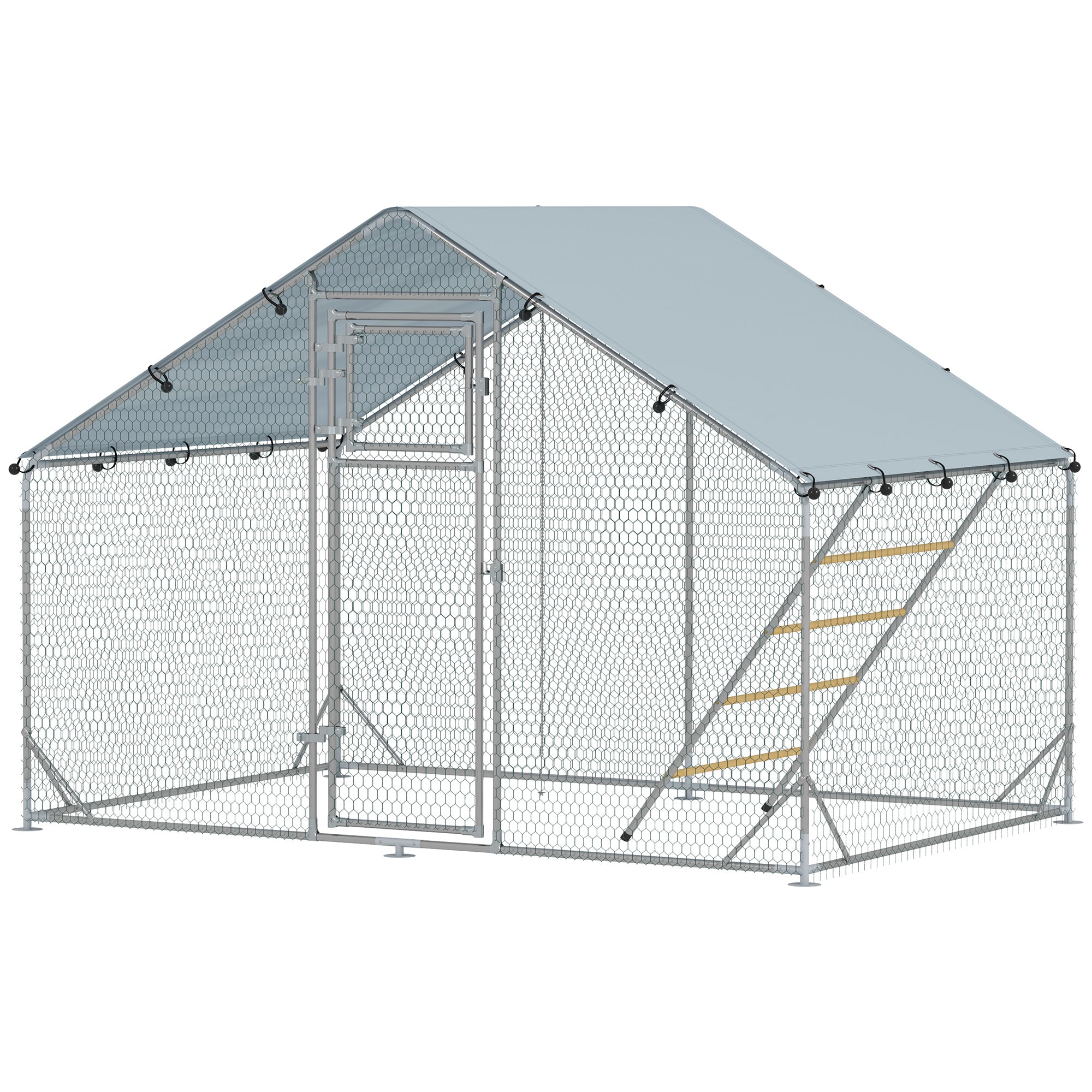 Chicken Coop Run Enclosure made of Steel, 3 x 2 x 1.95 m Chicken Cage with UV-Resistant Cover, Feeder Door, Hanging Feeder, Perch, Chicken Run for 6-8 Chickens, Small Animals, Silver