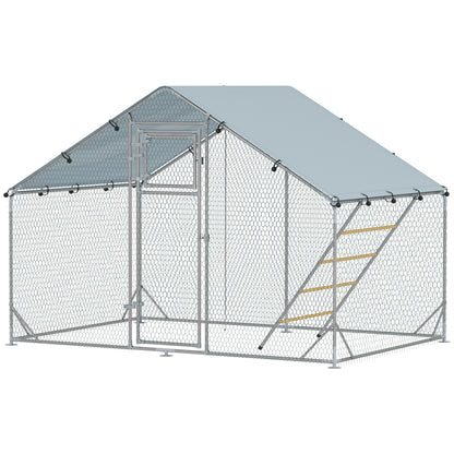 Chicken Coop Run Enclosure made of Steel, 3 x 2 x 1.95 m Chicken Cage with UV-Resistant Cover, Feeder Door, Hanging Feeder, Perch, Chicken Run for 6-8 Chickens, Small Animals, Silver