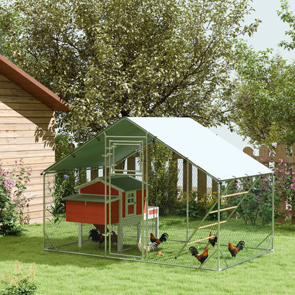 Chicken Coop Run Enclosure made of Steel, 3 x 2 x 1.95 m Chicken Cage with UV-Resistant Cover, Feeder Door, Hanging Feeder, Perch, Chicken Run for 6-8 Chickens, Small Animals, Silver