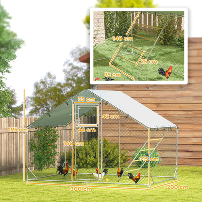 Chicken Coop Run Enclosure made of Steel, 3 x 2 x 1.95 m Chicken Cage with UV-Resistant Cover, Feeder Door, Hanging Feeder, Perch, Chicken Run for 6-8 Chickens, Small Animals, Silver