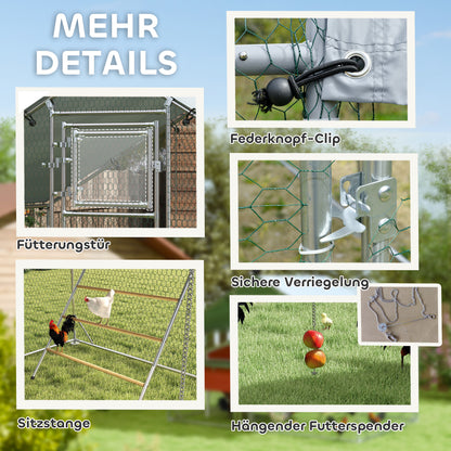 Chicken Coop Run Enclosure made of Steel, 3 x 2 x 1.95 m Chicken Cage with UV-Resistant Cover, Feeder Door, Hanging Feeder, Perch, Chicken Run for 6-8 Chickens, Small Animals, Silver
