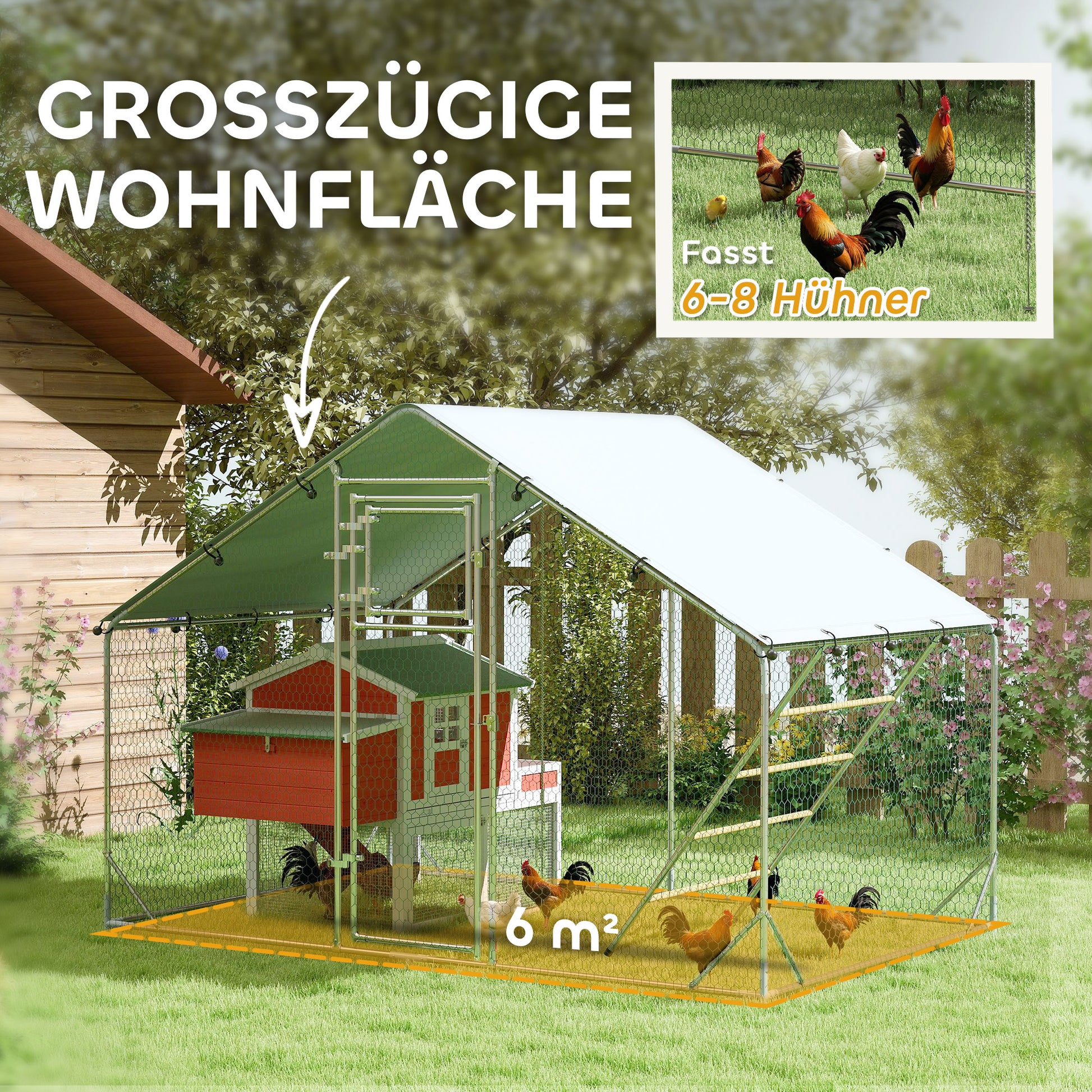 Chicken Coop Run Enclosure made of Steel, 3 x 2 x 1.95 m Chicken Cage with UV-Resistant Cover, Feeder Door, Hanging Feeder, Perch, Chicken Run for 6-8 Chickens, Small Animals, Silver