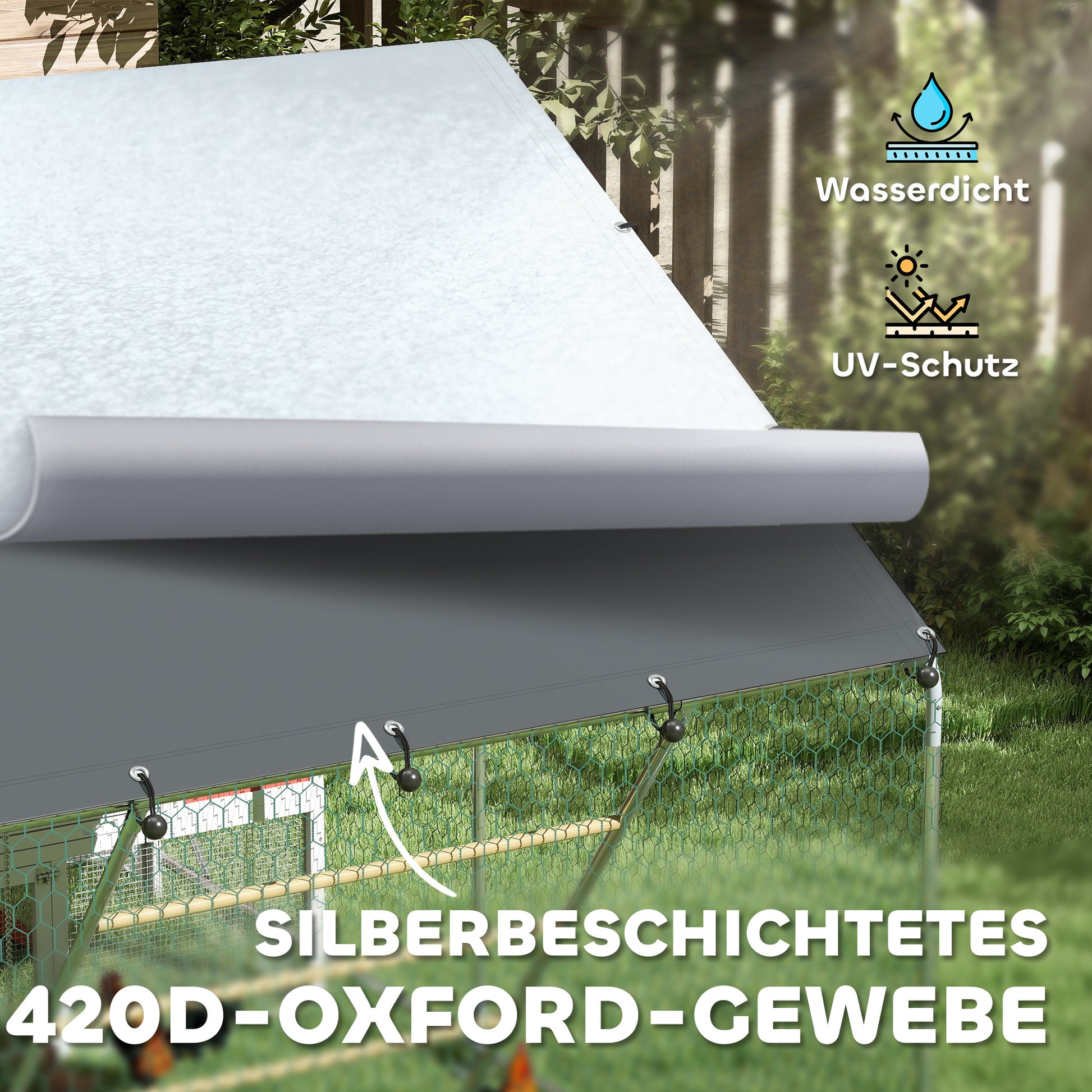 Chicken Coop Run Enclosure made of Steel, 3 x 2 x 1.95 m Chicken Cage with UV-Resistant Cover, Feeder Door, Hanging Feeder, Perch, Chicken Run for 6-8 Chickens, Small Animals, Silver