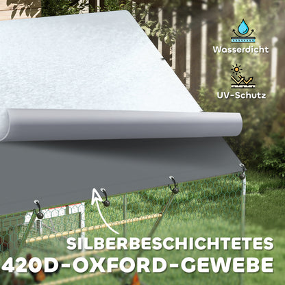 Chicken Coop Run Enclosure made of Steel, 3 x 2 x 1.95 m Chicken Cage with UV-Resistant Cover, Feeder Door, Hanging Feeder, Perch, Chicken Run for 6-8 Chickens, Small Animals, Silver