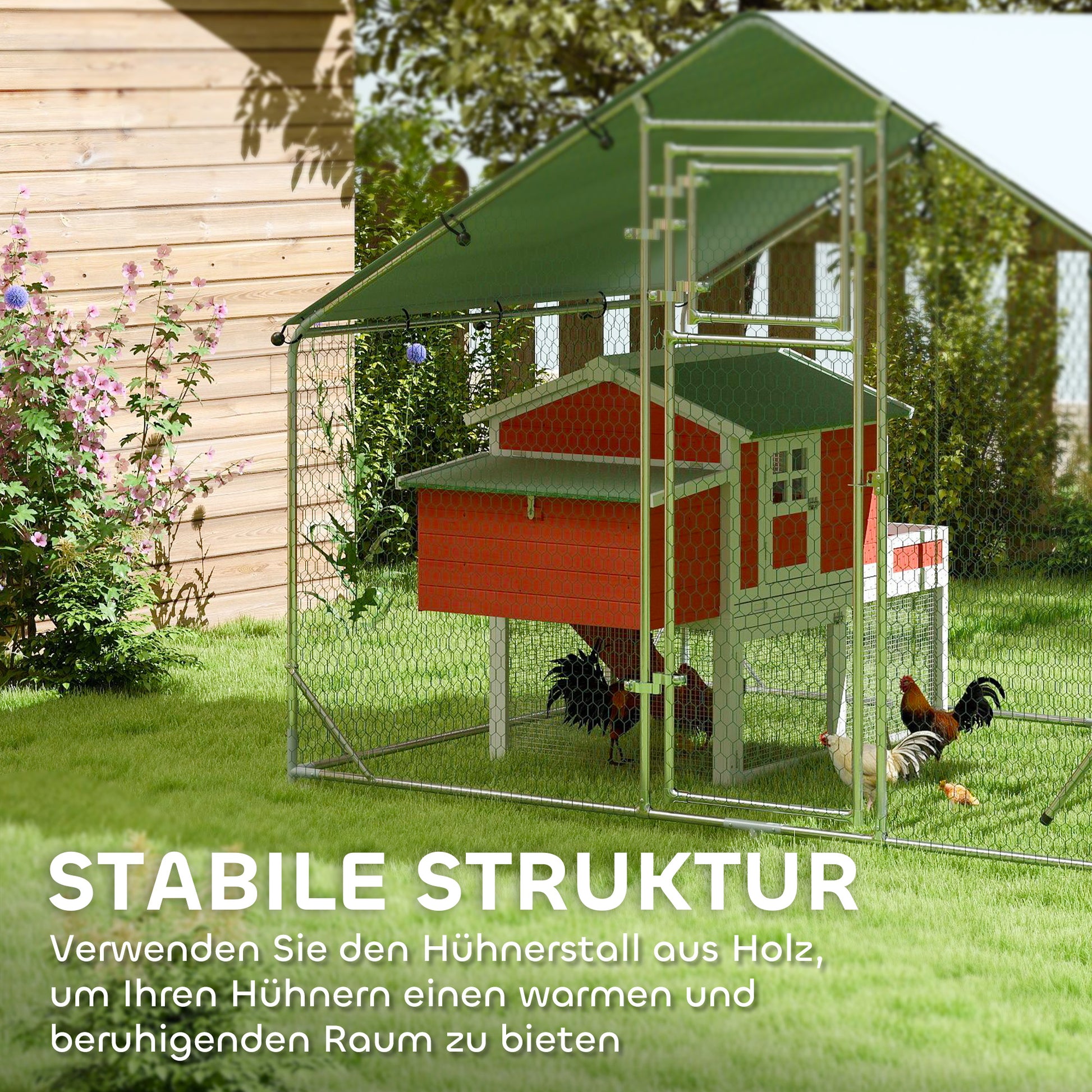 Chicken Coop Run Enclosure made of Steel, 3 x 2 x 1.95 m Chicken Cage with UV-Resistant Cover, Feeder Door, Hanging Feeder, Perch, Chicken Run for 6-8 Chickens, Small Animals, Silver