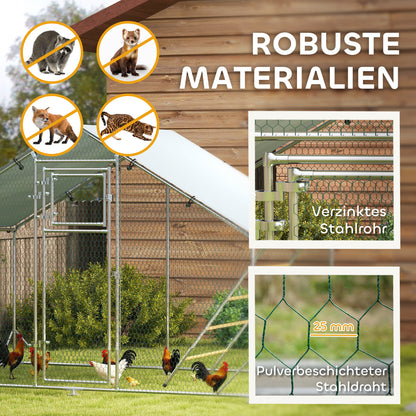 Chicken Coop Run Enclosure made of Steel, 3 x 2 x 1.95 m Chicken Cage with UV-Resistant Cover, Feeder Door, Hanging Feeder, Perch, Chicken Run for 6-8 Chickens, Small Animals, Silver