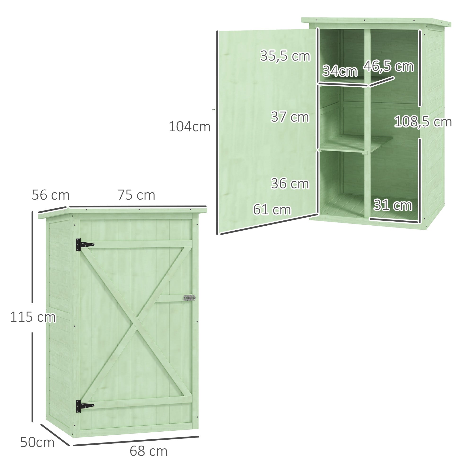 Wooden Garden Shed 75 x 56 x 115 cm (29.5 x 22.0 x 45.3 in) Outdoor Storage Cabinet for Tools with 3 Interior Shelves, Lockable Door and Asphalt Roof - Green