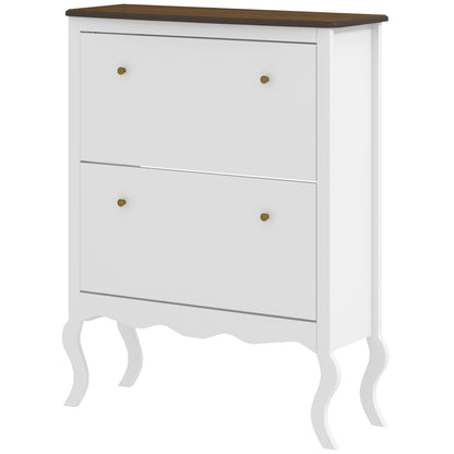 French Style Shoe Cabinet Shoe Storage Organizer with 2 Foldable Drawers Adjustable Shelves for 16 Pairs of Shoes Narrow Shoe Rack for Hallway 84x29x109 cm White