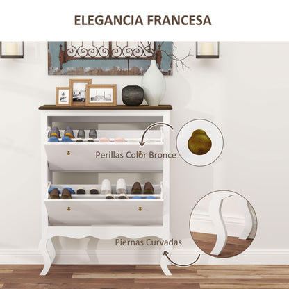 French Style Shoe Cabinet Shoe Storage Organizer with 2 Foldable Drawers Adjustable Shelves for 16 Pairs of Shoes Narrow Shoe Rack for Hallway 84x29x109 cm White