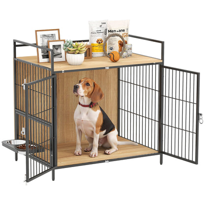 Dog Crate Modern Side Table Pet House with Swivel Feeding Station with 2 Bowls 2 Doors and Top Storage Shelf for Medium Dogs 80x56x76.5 cm Oak