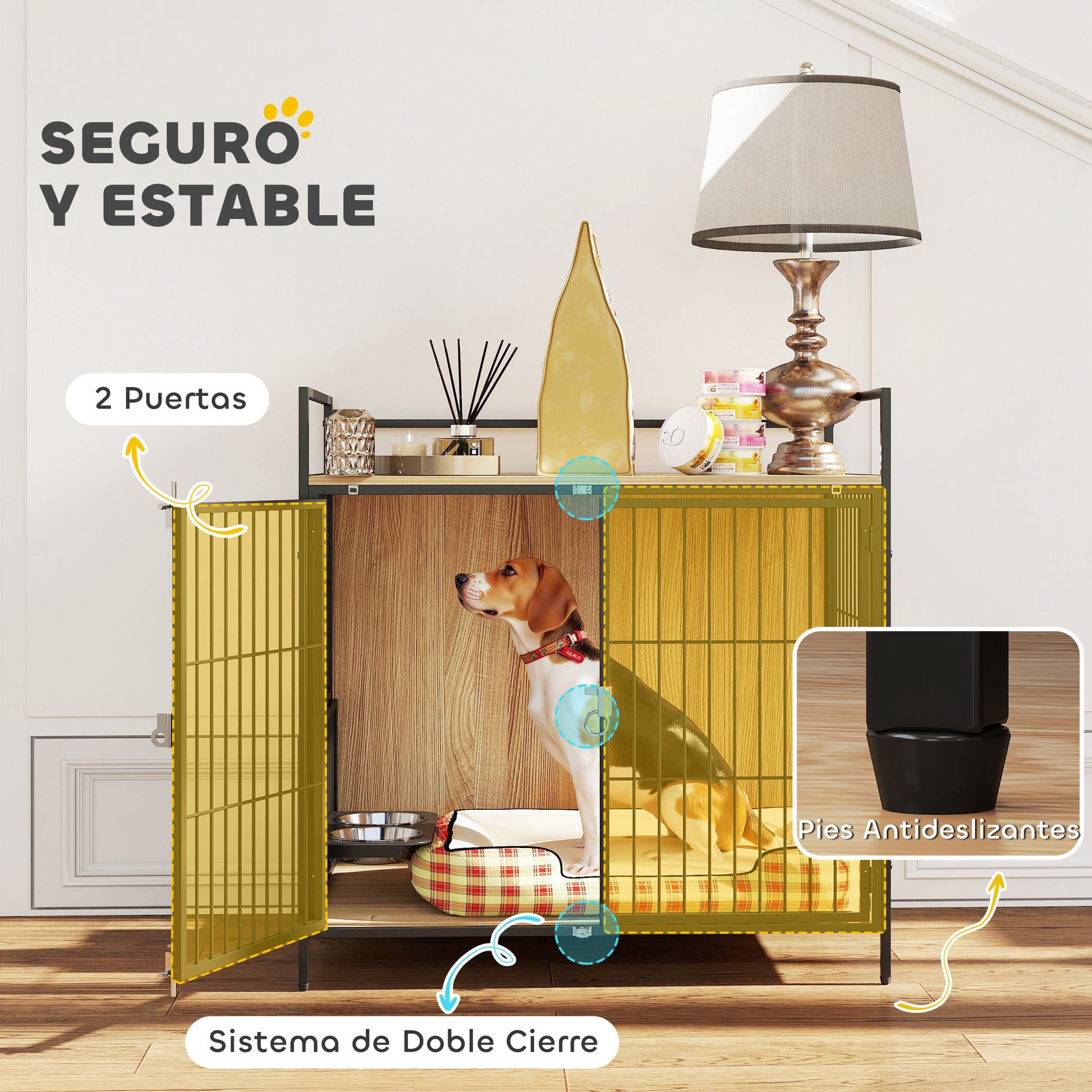 Dog Crate Modern Side Table Pet House with Swivel Feeding Station with 2 Bowls 2 Doors and Top Storage Shelf for Medium Dogs 80x56x76.5 cm Oak