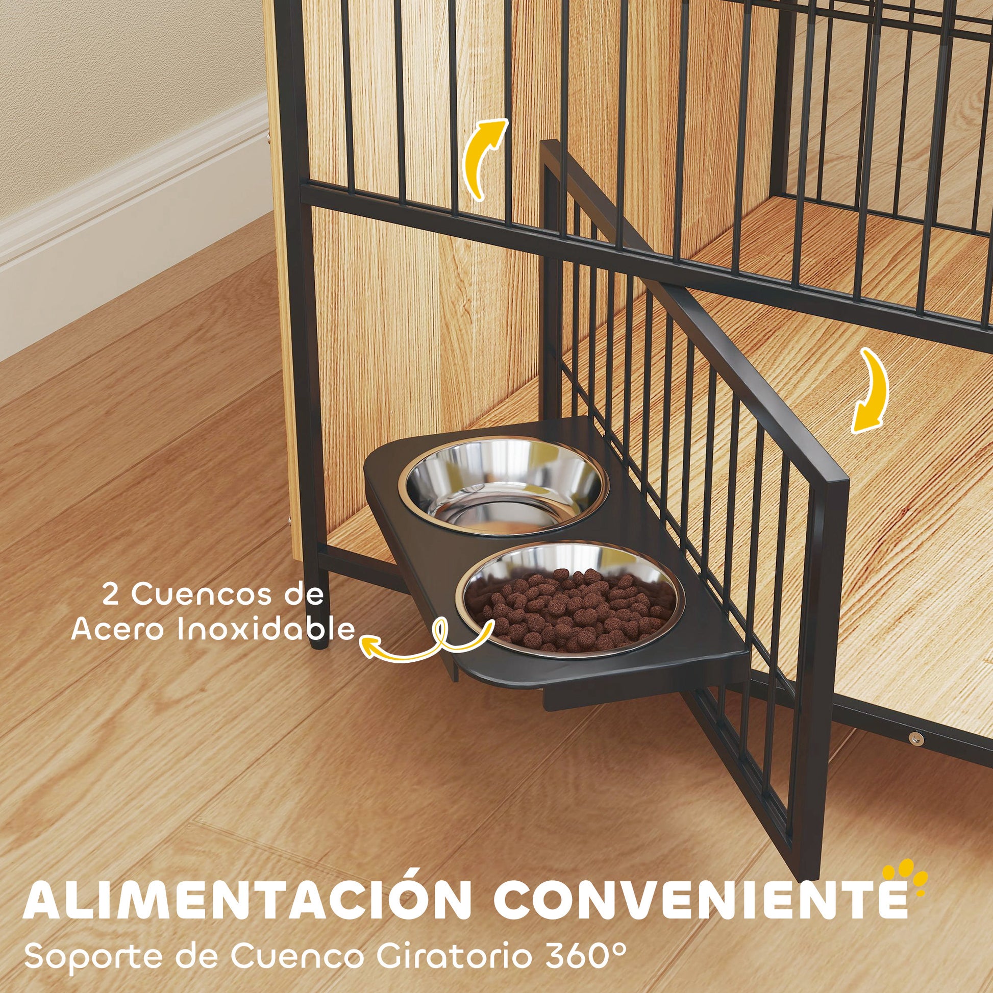 Dog Crate Modern Side Table Pet House with Swivel Feeding Station with 2 Bowls 2 Doors and Top Storage Shelf for Medium Dogs 80x56x76.5 cm Oak