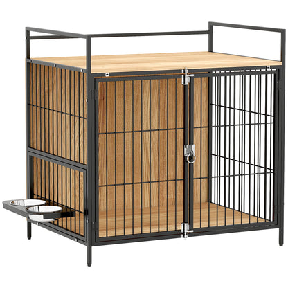 Dog Crate Modern Side Table Pet House with Swivel Feeding Station with 2 Bowls 2 Doors and Top Storage Shelf for Medium Dogs 80x56x76.5 cm Oak