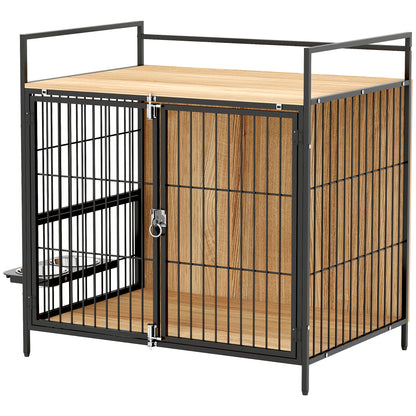 Dog Crate Modern Side Table Pet House with Swivel Feeding Station with 2 Bowls 2 Doors and Top Storage Shelf for Medium Dogs 80x56x76.5 cm Oak